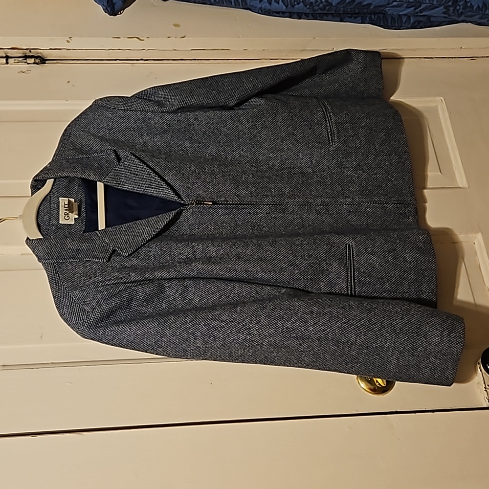 Women's Graff Vintage Houndstooth size 16 blazer zipper front w Faux pockets